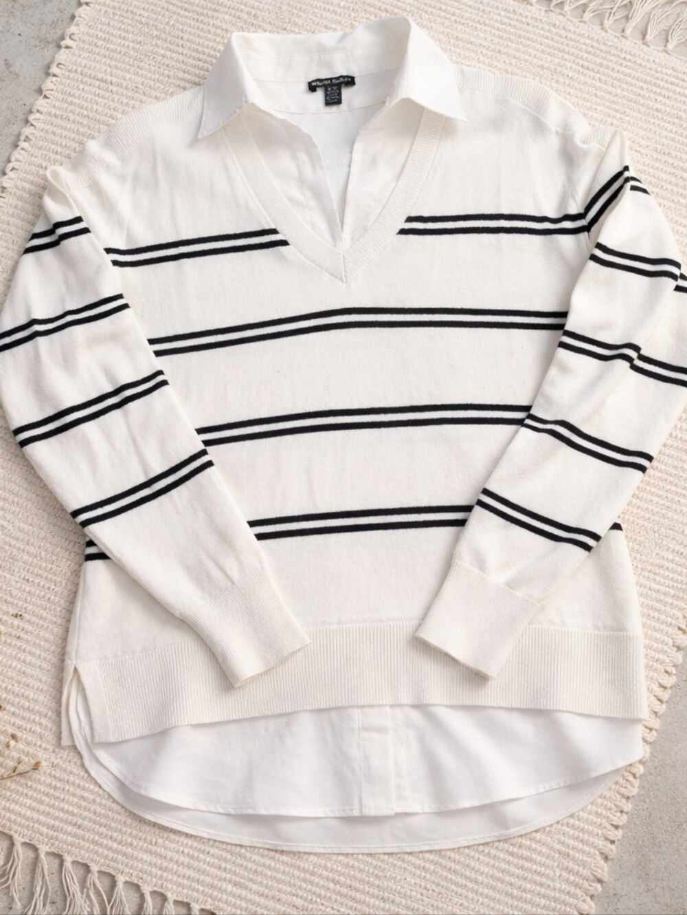 Hilary Radley. Striped V-Neck Knit Sweater - White/Black -